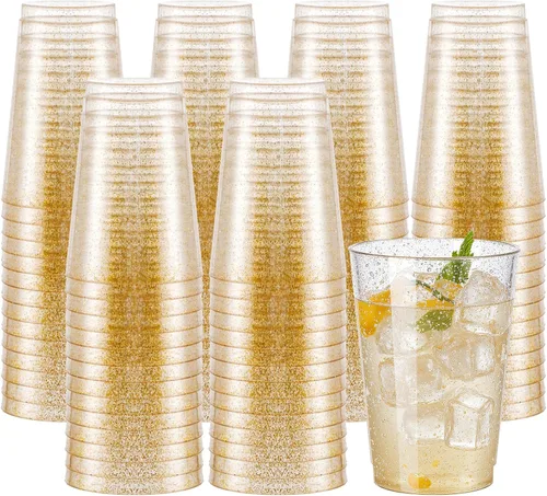 Miniatura 15 de Supernal 100 piezas de vasos de plástico azules, vasos desechables transparentes azules claros de 10 onzas con borde dorado, vasos de plástico