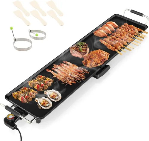 Miniatura 11 de COSTWAY Plancha Eléctrica de 39.5", Parrilla Teppanyaki Extragrande con 2 Superficies Antiadherentes, Temperatura Ajustable, Asas Aisladas y Bandeja