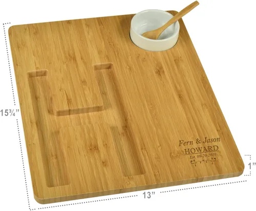 Miniatura 2 de Picnic at Ascot Tablero de queso/embutidos de bambú personalizado personalizado con un surco fresado en forma de letra para galletas – Incluye salsa