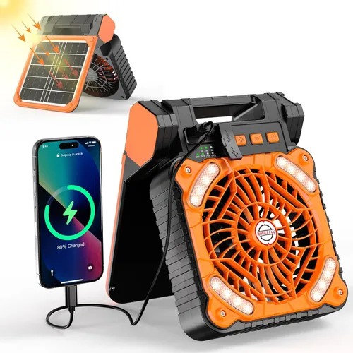 Miniatura 10 de KITWLEMEN Ventilador solar de campamento mejorado con linterna, ventilador de batería recargable, tiempo de funcionamiento máximo de 36 horas, 4