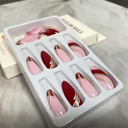 Miniatura 5 de Uñas postizas a presión de color rojo vino brillante, uñas postizas largas de almendra, uñas postizas onduladas doradas irregulares con pegamento