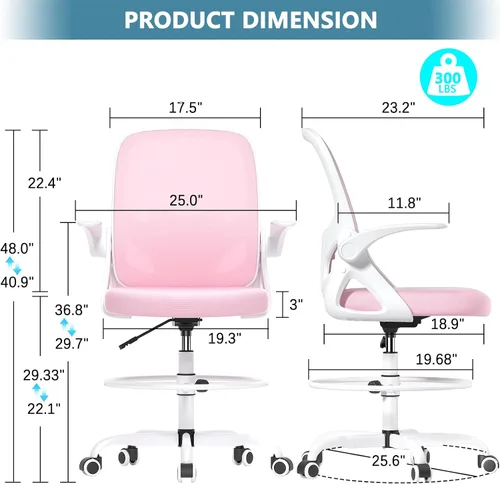 Miniatura 2 de Kensaker Silla de Dibujo Alta con Anillo Reposapiés para el Hogar y el Trabajo, Silla Ergonómica de Escritorio de Oficina para el Hogar con Brazos