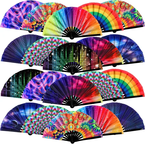 Miniatura 9 de FairySandy 20 abanicos de mano plegables grandes con varillas de plástico para hombres y mujeres, arco iris chino japonés con funda de tela