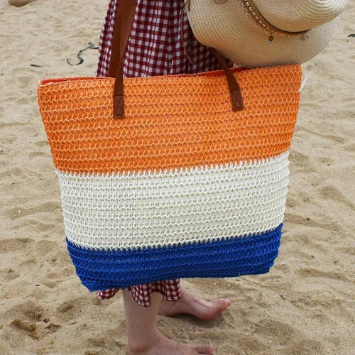 Miniatura 21 de Bolso grande de paja para mujer, tejido de ratán, bolso de playa de verano, a rayas