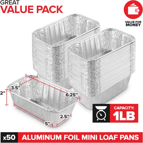 Miniatura 2 de Stock Your Home Mini moldes de aluminio (paquete de 50) moldes de lata de papel de aluminio de 1 libra, moldes pequeños para pan, moldes