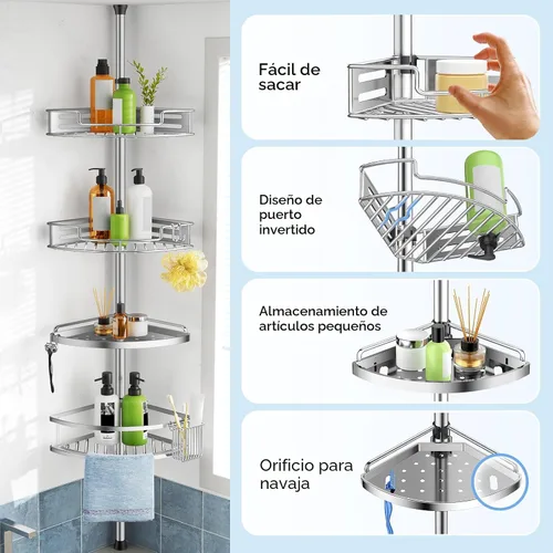 Miniatura 6 de HAMITOR Organizador de Ducha de Esquina con Poste de Tensión: Instalación Rápida de 4 Niveles Resistente al Óxido, Estantes Organizadores de Baño