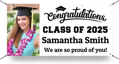 Letrero de Banner de Vinilo Personalizado con Foto de Graduación – Foto y Nombre Personalizados de la Clase de 2025 – Milweb1 – Negro – 2'x4'