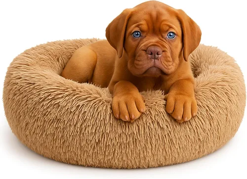 Cama calmante para perros - Dona esponjosa para alivio de la ansiedad, cama ortopédica para mascotas con base antideslizante, nido redondo acogedor