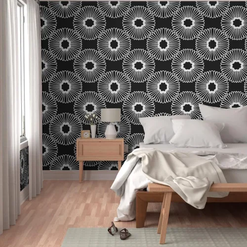 Miniatura 5 de Despegar y pegar muestra de papel tapiz – Flor floral grande negro blanco círculo de la naturaleza Bold Mod Daisy 1960s Retro Modern Decoración