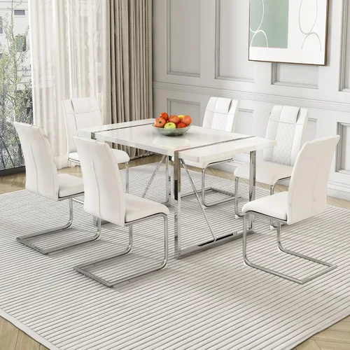 Miniatura 13 de Juego de mesa de comedor para 4, juego de mesa de cocina rectangular de MDF blanco con sillas de comedor de cuero, juego de 4, juego de mesa