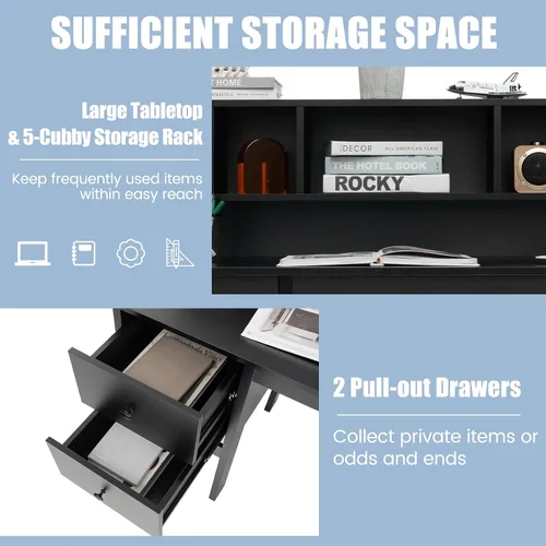 Miniatura 6 de COSTWAY Escritorio con puertos de carga USB y tomas de corriente, escritorio de computadora de 48 pulgadas con cajones y gabinete de 5