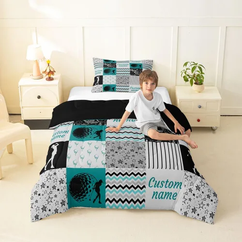 Miniatura 72 de Juego de edredón de softbol personalizado, juego de ropa de cama de retazos a cuadros para niños y niños, edredón de bate de béisbol, juego