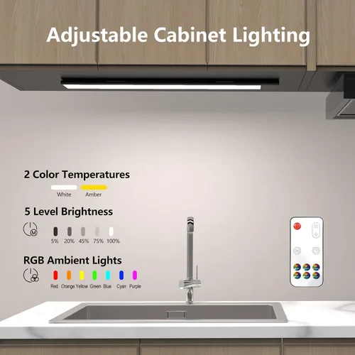 Miniatura 2 de Luces LED RGB para debajo del gabinete, luz LED RGB con cambio de color recargable, funciona con pilas, iluminación debajo de la encimera