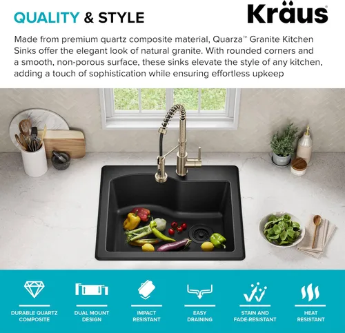 Miniatura 2 de KRAUS Quarza - Fregadero de cocina de granito de instalación empotrada/sobre encimera de un solo seno, 25 pulgadas, color negro, KGD-441BLACK