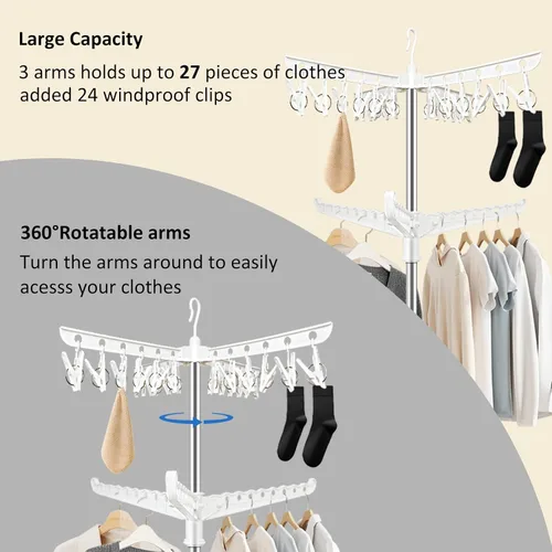 Miniatura 3 de SUYU Tendedero de ropa plegable, árbol de secado de ropa plegable, 2 niveles con 24 pinzas y 3 brazos giratorios, tendedero de ropa interior de 66.9