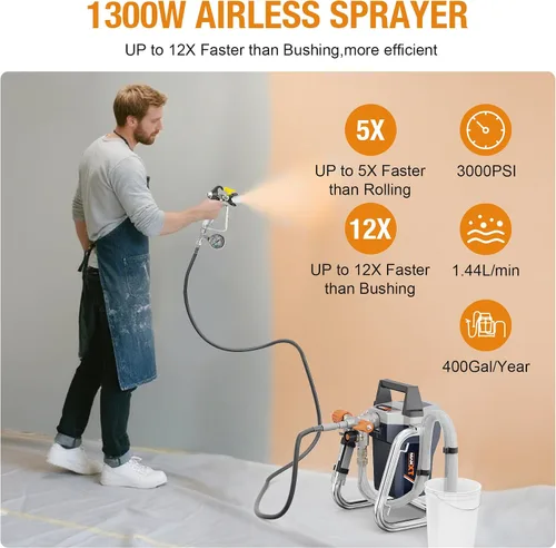 Miniatura 2 de MAXXT Pulverizadores de pintura sin aire, pulverizador de soporte sin aire de alta presión de 1300 W con 3000 PSI, peso ligero de 14.7 libras