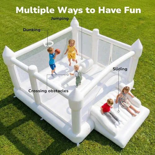 Miniatura 4 de Hapfan Casa inflable blanca para niños grandes, castillo animoso grande de 15 x 12 pies con soplador, tobogán más ancho y aro de baloncesto