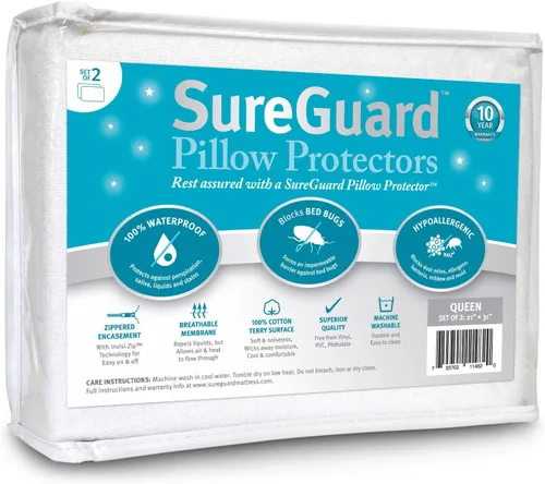 Miniatura 7 de SureGuard juego de 2 protectores de almohada, 100% impermeables, a prueba de insectos, hipoalergénicos, fundas premium de algodón rizado