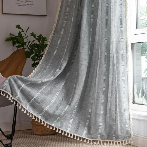 Miniatura 2 de Cortinas de lino de granja estilo bohemio Aveboll de 63" 84" 96" pulgadas de largo, juego de 2 paneles, cortinas modernas y rurales con bordado
