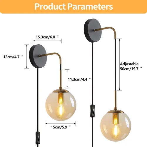 Miniatura 2 de Juego de 2 apliques de pared negros y latón dorados. Juego de 2 apliques de pared enchufables con pantalla de vidrio ámbar globo, lámparas de pared