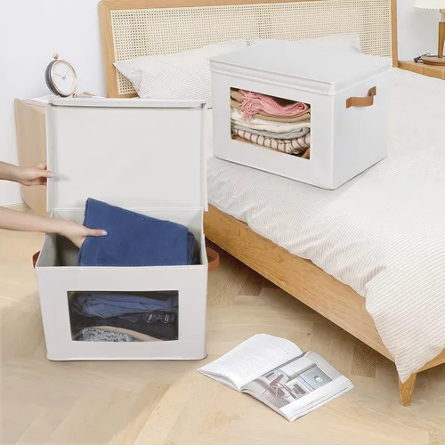Miniatura 4 de Univivi Cajas de almacenamiento plegables de tela con tapas para ropa, [paquete de 3] cajas organizadoras de armario con asas para el hogar, Beige
