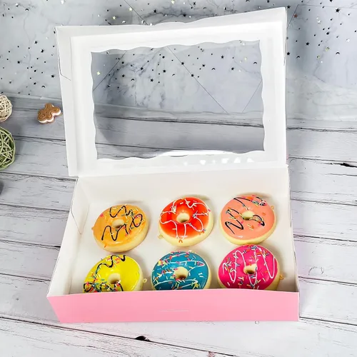 Miniatura 6 de Paquete de 15 cajas de pastelería rosa para panadería de 12 x 8 x 2.5 pulgadas, donas grandes, magdalenas, cajas de galletas con ventana de PVC