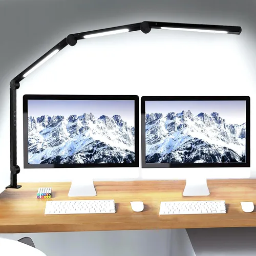 Lámpara de escritorio LED con abrazadera y brazo flexible - 3 fuentes de luz, 4 modos de color y 5 niveles de brillo, luz de mesa para cuidar los