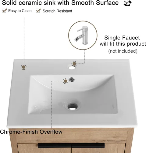 Miniatura 3 de Malwee Tocador de baño independiente de 24 pulgadas con lavabo, tocador de baño de pie de 24'', tocador moderno con 2 puertas y encimera de lavabo