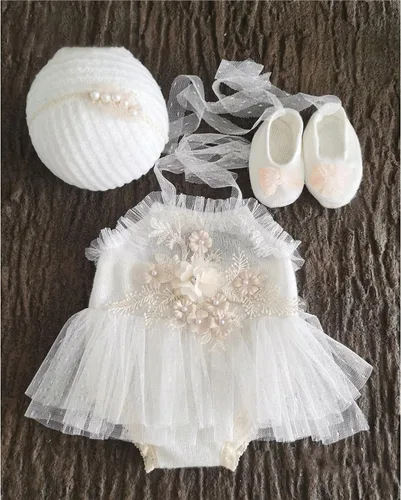 Miniatura 3 de Zeroest Conjunto de Accesorios para Fotografía de Recién Nacidos, Juego de Vestido de Encaje para Niña, Traje para Sesión de Fotos de Bebé Niña