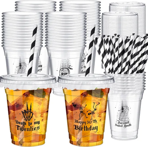 Miniatura 24 de FoldTier 50 piezas de tazas para noche de cine 12 oz Tazas de plástico desechables con pajitas y tapas, tazas transparentes para cine, tazas