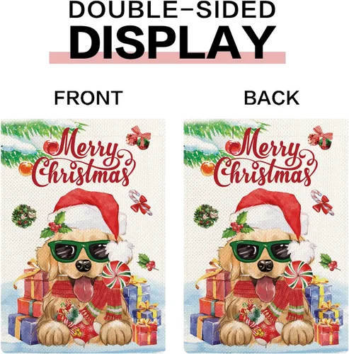 Miniatura 4 de Golden Retriever - Bandera de jardín con texto en inglés "Merry Christmas", de arpillera, de 12 x 18 pulgadas, doble cara para patio, porche