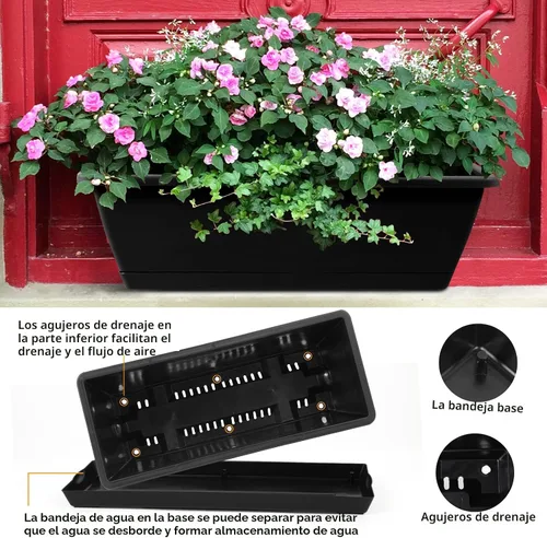 Miniatura 6 de 8 maceteros de ventana, cajas de flores para ventana de 17 pulgadas, maceteros rectangulares con agujeros de drenaje y bandejas, macetas de plástico