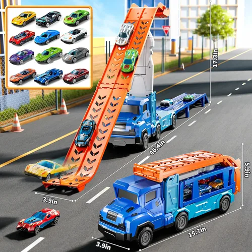 Miniatura 6 de Juego de camiones y coches para niños de 3, 4, 5, 6, 7, 8 años, juego de camiones transportadores con pista de 12 coches fundidos a presión