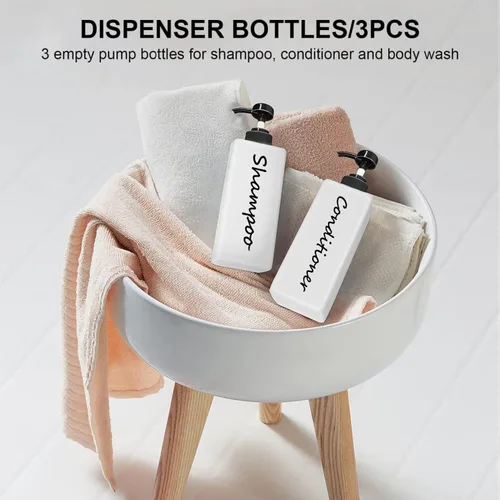 Miniatura 7 de Dispensador de champú y acondicionador (juego de 3, 21 onzas), moderno y recargable, para jabón de ducha, dispensador de gel corporal vacío para baño