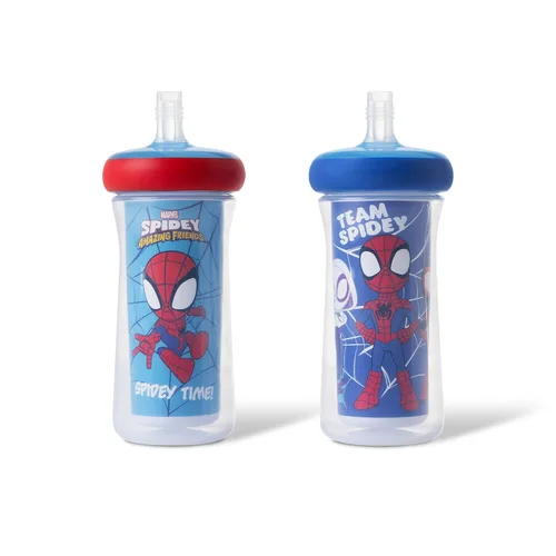 The First Years Spidey and His Amazing Friends - Vasos aislados con pajita para niños pequeños con pajitas y protección DropGuard - Botellas de agua