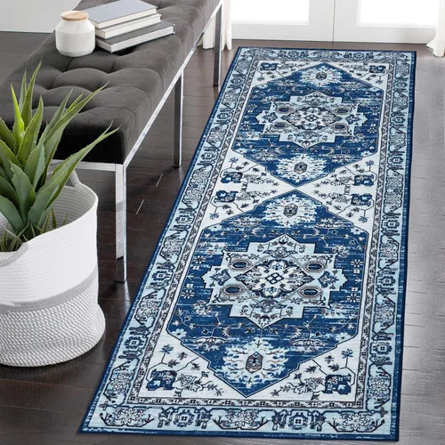Miniatura 19 de COZYLOOM Alfombra de área de 2 x 6 pies, tribal, envejecida, para entrada, medallón vintage, alfombra para interiores, alfombra de pelo bajo, suave