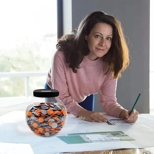 Miniatura 7 de Tarro grande para monedas, gran plástico transparente para monedas, cambio de dinero con tapa ranurada plateada, 2 métodos de colocación, monedas