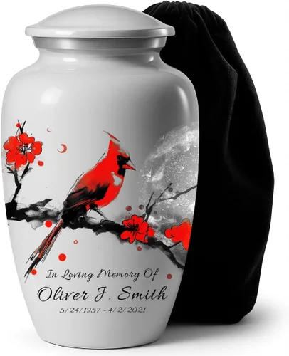 Miniatura 10 de Mini urna gris para cenizas, diseño cardenal y flor, pequeño recuerdo de cremación personalizado, hecho a mano en Estados Unidos, incluye bolsa