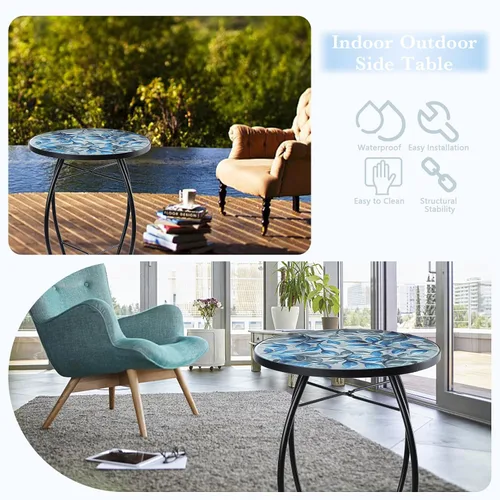 Miniatura 4 de MUMTOP Mesas auxiliares de patio, mesa auxiliar de mosaico para exteriores, 14 pulgadas, color azul y transparente, mesa auxiliar redonda de cristal