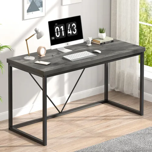 Miniatura 11 de EXCEFUR Escritorio moderno de oficina en casa, escritorio de computadora de madera y metal, mesa de estudio de escritura industrial para sala de Gris