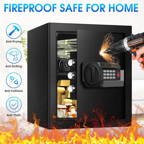 Miniatura 3 de Cajas de seguridad de 2.0 pies cúbicos para uso doméstico a prueba de fuego y agua, caja de seguridad de acero para el hogar con cerradura