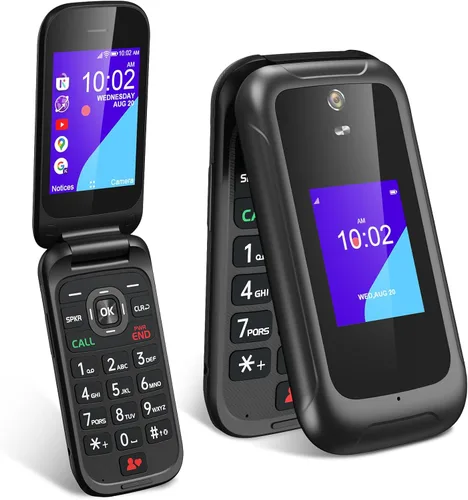 Teléfono 4G Flip desbloqueado para personas mayores y niños, 3.2+2.0 pulgadas de pantalla dual KaiOS Basic Phone para viajes, batería grande,