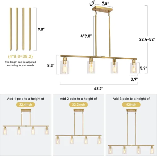 Miniatura 4 de Candelabro Moderno Dorado para Isla de Cocina de 4 Luces Latón Cepillado Lámpara Colgante Estilo Granja Industrial Accesorio de Iluminación