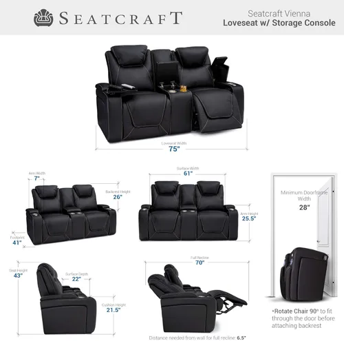 Miniatura 2 de Seatcraft Vienna - Asientos reclinables de cine en casa, cuero de grano superior, reposacabezas eléctrico, soporte lumbar, carga USB, portavasos