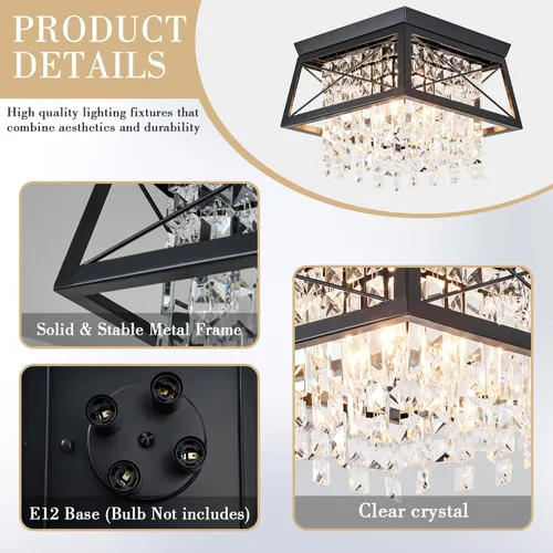 Miniatura 5 de Lámpara de techo empotrada de cristal, 11.8 pulgadas, 4 luces, color negro, iluminación de techo de metal, moderna lámpara trapezoidal para pasillo