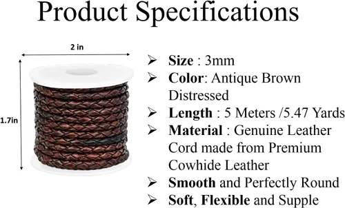 Miniatura 3 de GENIQUE Cordón de Cuero Trenzado Redondo Genuino, Cuerda de Cuero para Manualidades, Hacer Joyería, Collares, Pulseras (5 Metros)