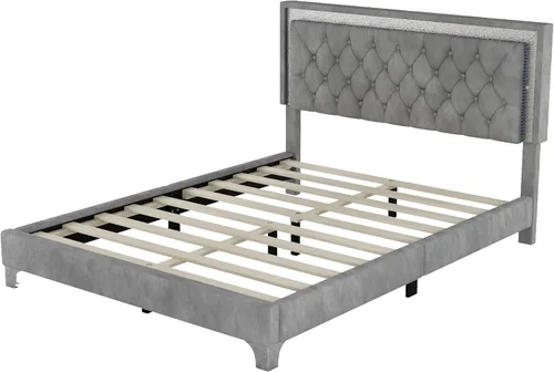 Miniatura 8 de SOFTSEA Cama de tamaño Queen con luz LED, plataforma de terciopelo con cabecero copetudo para niños, adolescentes y adultos, cama de plataforma