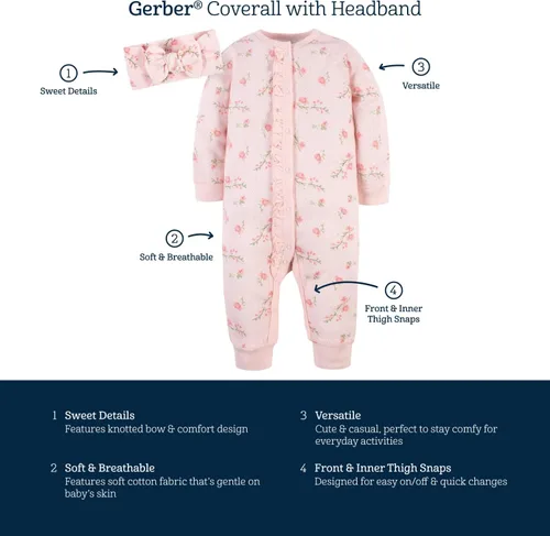Miniatura 4 de Gerber Conjuntos de overoles y diadema de 4 piezas para bebés y niñas