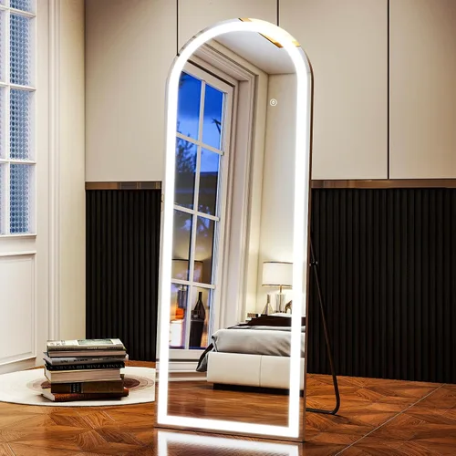 Miniatura 12 de XRAMFY Espejo LED Blanco Arqueado de Cuerpo Entero - 24" x 65" Brillo Ajustable, Controles de Pantalla Táctil, Montaje en Pared o Independiente