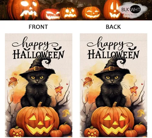 Miniatura 5 de BLKWHT Bandera de jardín de gatos de Halloween de 12 x 18 pulgadas, vertical, doble cara, feliz Halloween, calabaza, vacaciones, decoraciones